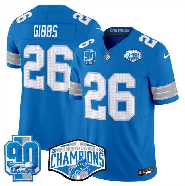 Mens Detroit Lions #26 Jahmyr Gibbs Blue 2024 NFC North Champions 90th Anniversary Patch F.U.S.E. Vapor Limited Stitched Jersey